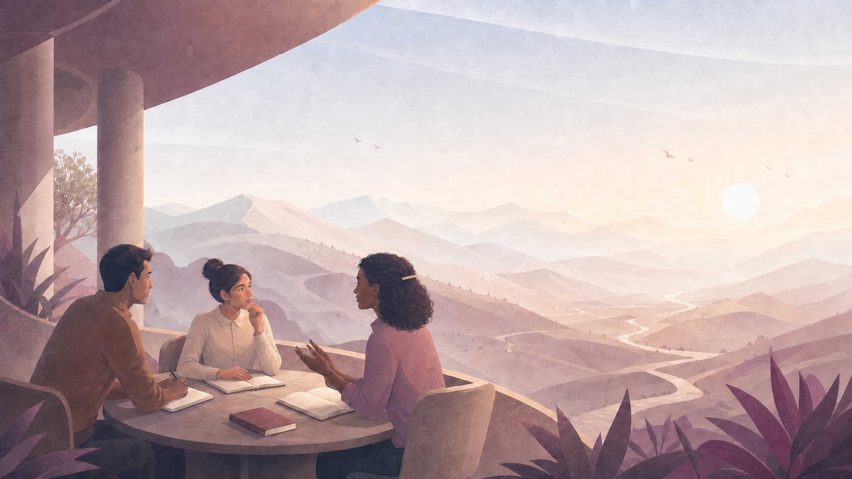 Three adults in thoughtful conversation at a table, with paths and open landscape beyond them